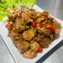 (กับข้าว)หมูตุ๋นลำไยคั่วพริกเกลือ