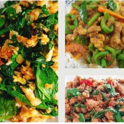 กะเพราหมูสับราดข้าว+พริกแกงหมูราดข้าว+ใบเหลียงผัดไข่ (กับข้าว)