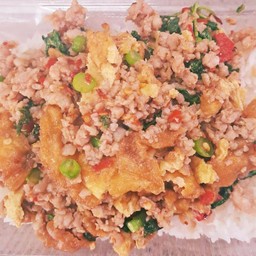 ข้าวราดไข่เจียวหมูสับผัดกะเพรา