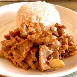 เนื้อทอดกระเทียม ราดข้าว