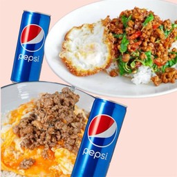 ข้าวกระเพราหมูสับไข่ดาว+ ข้าวไข่ขยี้หมูสับ+ แป๊บซี่2ขวด