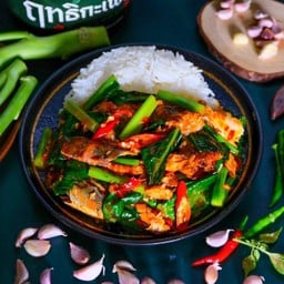 Stir Fried Kale With Canned Fish On Rice
