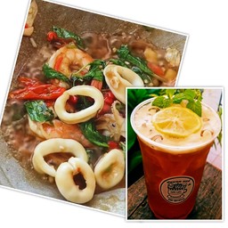 เซ็ตข้าวกระเพราหมึกกุ้ง+เครื่องดื่ม1แก้ว