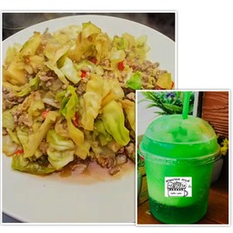 เซ็ตข้าวกะหล่ำปลีผัดหมู+เครื่องดื่ม1แก้ว