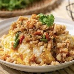 ข้าวกุ้งสับคั่วพริกเกลือ ไข่ข้น