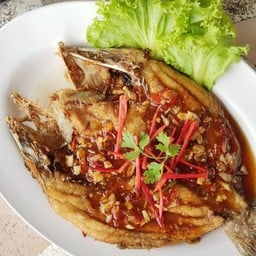 ปลากระพงทอดราดพริก