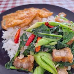 ผัดคะน้าหมูกรอบราดข้าว