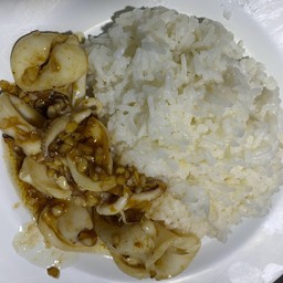 ปลาหมึกผัดกระเทียมราดข้าว