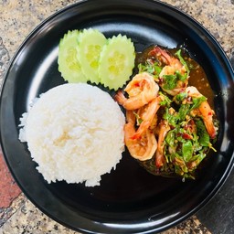 ผัดกะเพรากุ้งราดข้าว
