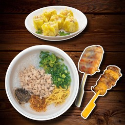 อิ่มสุดคุ้ม โจ๊กไก่สับ+ขนมจีบ(5ลูก)+ไก่นมสด+เนื้อโคขุน