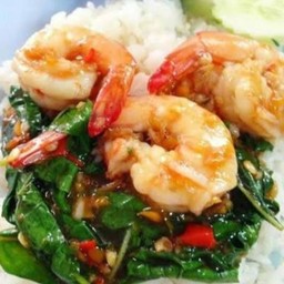 กะเพรากุ้งราดข้าว (กุ้งเล็กมาก)