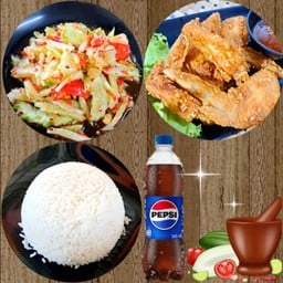 ตำแตงไทย+ปีกไก่ทอด+ข้าวสวย+เป๊ปซี่