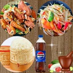 ซี่โครงหมูทอด+ตำปลาร้า+ข้าวเหนียว+เป๊ปซี่