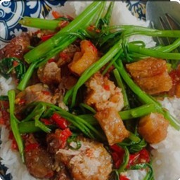 ผักบุ้งหมูกรอบราดข้าว
