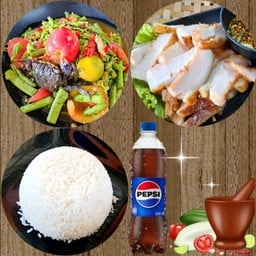 ตำถั่วปูปลาร้า+คอหมูย่าง+ข้าวสวย+เป๊ปซี่