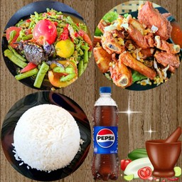 ตำถั่วปูปลาร้า+ซี่โครงหมูทอด+ข้าวสวย+เป๊ปซี่