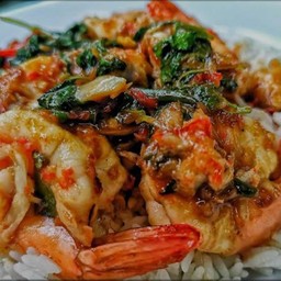 กระเพรากุ้งหมูสับราดข้าว