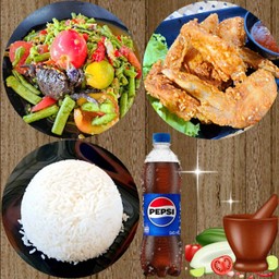 ตำถั่วปูปลาร้า+ปีกไก่ทอด+ข้าวสวย+เป๊ปซี่