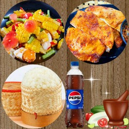 ตำข้าวโพดไข่เค็ม+ไก่ย่าง+ข้าวเหนียว+เป๊ปซี่