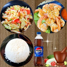 ตำแตงไทย+กุ้งทอดกระเทียม+ข้าวสวย+เป๊ปซี่