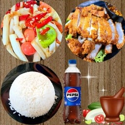 ตำไหลบัว+สามชั้นทอด+ข้าวสวย+เป๊ปซี่