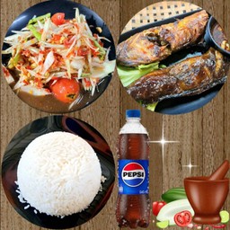 ตำไทย+ปลาดุกย่าง+ข้าวสวย+เป๊ปซี่