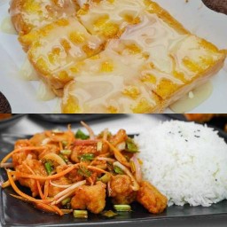 ทอดแหลก ข้าวไก่ทอดกรอบกับปังปิ้ง ฉลอง