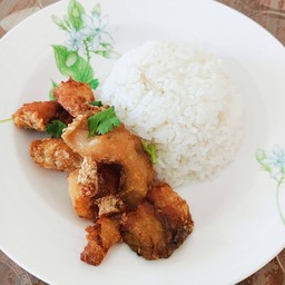 ข้าวราดปลากะพงทอดน้ำปลา
