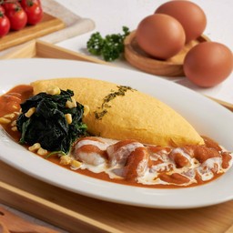 ไข่ลาวาหน้ากุ้ง ข้าวโพดและ ผักโขมซอสราดครีมมะเขือเทศ