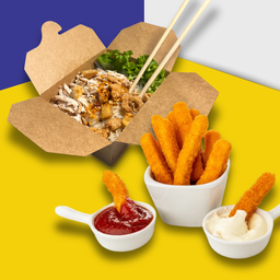 หมี่ไก่ฉีก + ชิ้กเก้นสติ๊ก