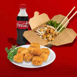 หมี่ไก่ฉีก + ไก่ป็อปสไปซี่ + โค้ก (330ml)