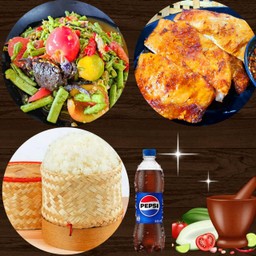 ตำถั่วปูปลาร้า+ไก่ย่าง+ข้าวเหนียว+เป๊ปซี่