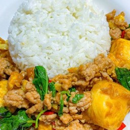 ข้าว + ผัดกะเพราเต้าหู้หมูสับ
