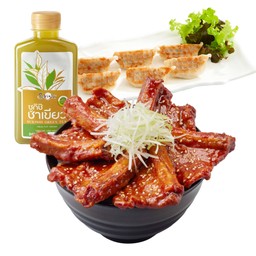 ชุดข้าวหน้าซี่โครงหมักซอสเกาหลี 6 ชิ้น + เกี๊ยวซ่า 6 ชิ้น + ซูกิชิชาเขียว 1 ขวด
