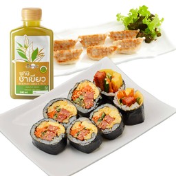 ชุดแฮมชีสโคชูจังคิมบับ + เกี๊ยวซ่า 6 ชิ้น + ซูกิชิชาเขียว 1 ขวด