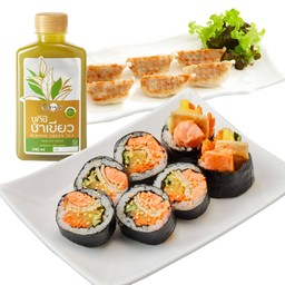 ชุดแซลมอนวาซาบิมาโยคิมบับ + เกี๊ยวซ่า 6 ชิ้น + ซูกิชิชาเขียว 1 ขวด