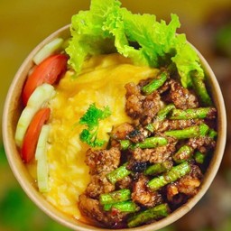 Creamy Omelet With Stir-Fried Pork And Red Curry Paste On Rice