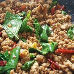 หมูสับผัดใบยี่หร่าพริกแห้งราดข้าว