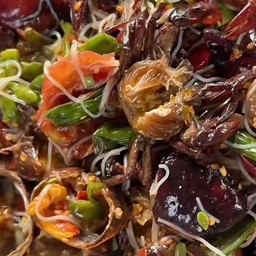 Som Tum With Rice Noodles, Pickled Field Crab, Blanched Kale