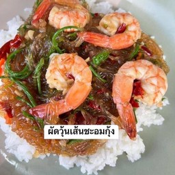 ผัดวุ้นเส้นชะอมกุ้งราดข้าว