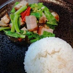 ผัดแขนงคะน้าหมูกรอบ (กับข้าว)