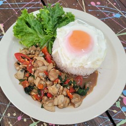 ผัดกะเพราหอยราดข้าว+ไข่ดาว