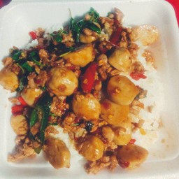 กระเพราหมูสับ ลูกชิ้นหมู