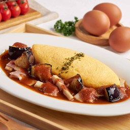 ไข่ลาวาหน้าเบคอน มะเขือม่วงปละ เห็ดราดซอสมะเขือเทศ