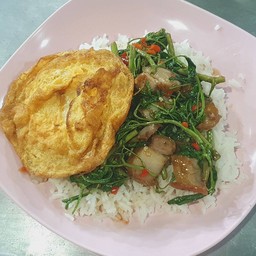 ข้าวผักกระเฉดหมูกรอบ+ไข่เจียว