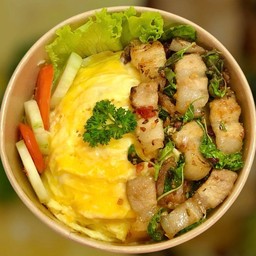 Creamy Omelet With Stir-Fried Pork Belly And Holy Basil On Rice