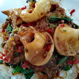 ข้าว + ผัดกะเพราวุ้นเส้นปลาหมึกหมูสับ