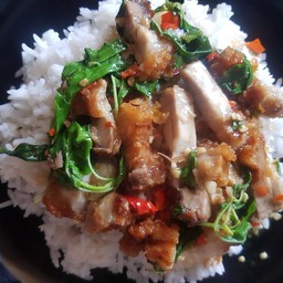 กระเพราหมูกรอบราดข้าว