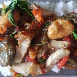 กระเพราไข่เยี่ยวม้าหมูกรอบ