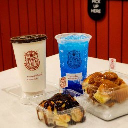 นมซ่าส์×2 (ปังปิ้งราดท๊อปปิ้งจุกๆ 2 ก้อน,เครื่องดื่ม 2แก้ว)